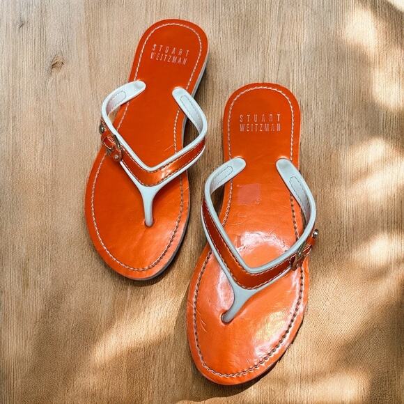 Stuart Weitzman Orange White Strappy Sandals Size 7-8 - Picture 1 of 5